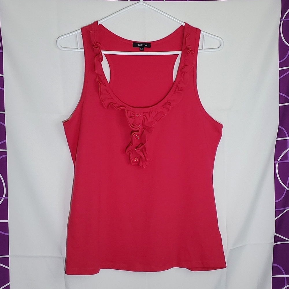 Tattoo Pink Racerback Tank Top with Ruffles & Button Front Detail -XL (fits Med)
